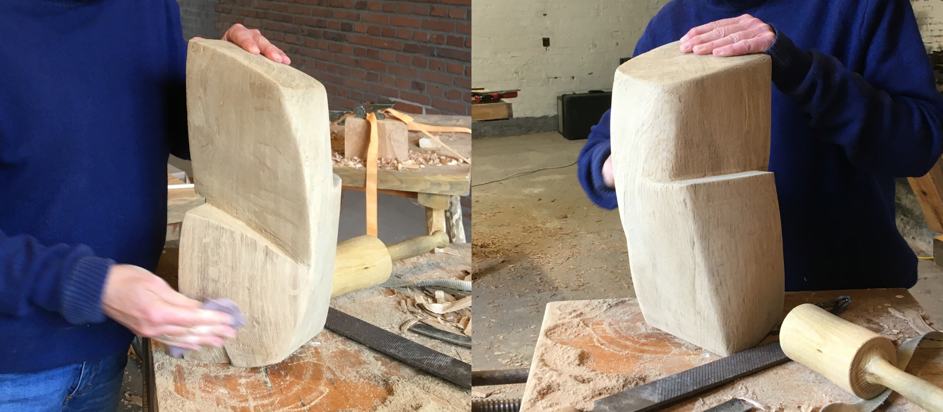 Links wird eine Holzskulptur mit Schleifpapier geschliffen. Auf der rechten Seite wird auch geschliffen, jedoch sieht man nur die Skulptur, die von einer Hand festgehalten wird, der Prozess findet auf der abgewandten Seite statt.