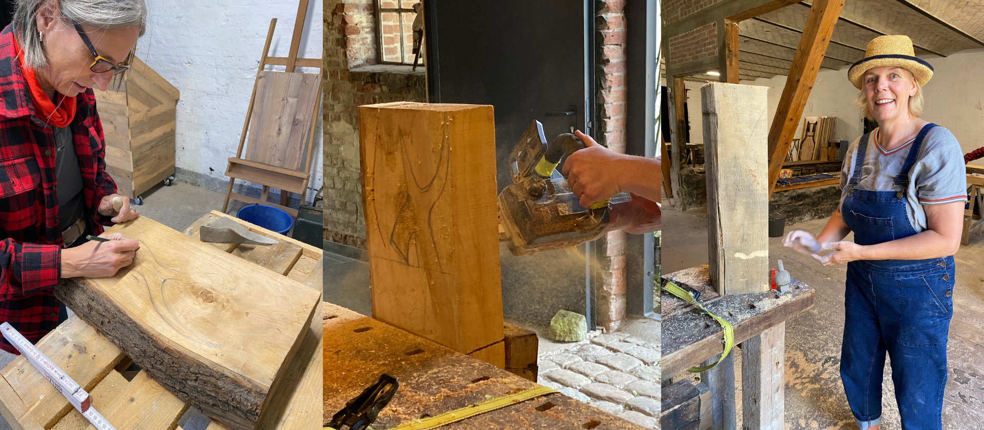 Links ist eine Frau zu sehen, die mit einem Stift etwas auf eurem Holzblock markiert. In der Mitte sägt jemand mit einer Motorsäge ein Stück Holz zurecht, man sieht nur die Hände. Rechts steht eine Frau neben einer Werkbank mit einem Holzklotz darauf.