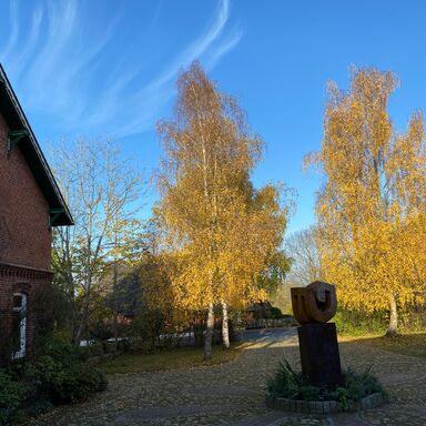Zwei gelb gefärbte herbstliche Bäume im Hintergrund, davor die Skulptur in der Einfahrt des Werkguts, links das Haupthaus
